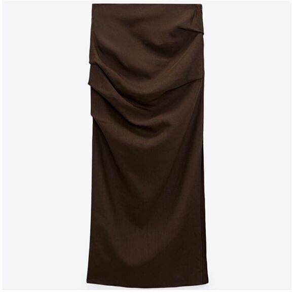 NWT Zara Limited Edition Linen Blend Draped High Waist Midaxi Skirt in Brown - Picture 3 of 13